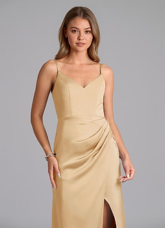 Azazie Leo Bridesmaid Dresses Gold Sheath Pleated Stretch Satin Dress image3