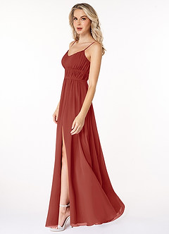 Azazie Yanelie Final Sale Terracotta A-Line Scoop Pleated Chiffon Dress image6