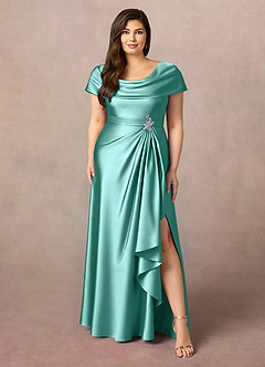 Azazie Branford Mother of the Bride Dresses Aqua A-Line Pleated Stretch Satin Dress image9