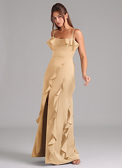 Azazie Malia Bridesmaid Dresses Gold A-Line Side Slit Stretch Satin Dress image4