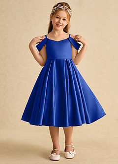 Azazie Favia Robe Demoiselle D'honneur Fillette Robe Trapèze en Mat Satiné Épaule décolletée Bleu Roi image4