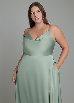 Azazie Sarella Bridesmaid Dresses Agave A-Line Pleated Stretch Satin Dress image8