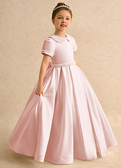 Azazie Gabriella Flower Girl Dresses Blushing Pink Ball-Gown with Sleeves Matte Satin Dress image1