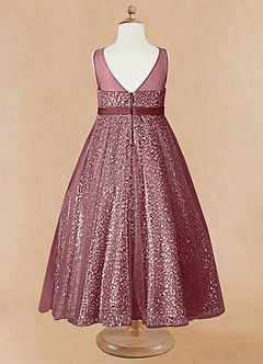 Azazie Siwa Robe Demoiselle D'honneur Fillette Robe Trapèze en Tulle Perlé Rose Du Désert image6