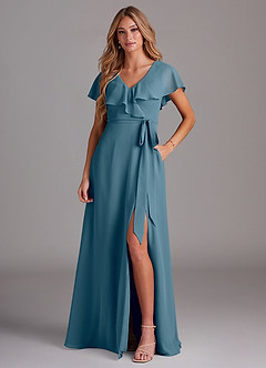 Azazie Lainey At-home Try On Dresses Dusty Blue A-Line with Pockets Chiffon Dress image1