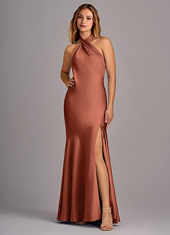 Azazie Lorena Robes de demoiselle d'honneur Robe Sirène en Satin extensible Plissée Argile image1