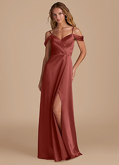 Azazie Ocean Bridesmaid Dresses Terracotta A-Line Off the Shoulder Metallic Satin Dress image3