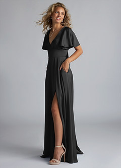 Azazie Kimber Bridesmaid Dresses Black A-Line Ruched Stretch Satin Dress image6