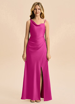 Azazie Abby Junior Fuchsia A-Line Pleated Stretch Satin Dress image5