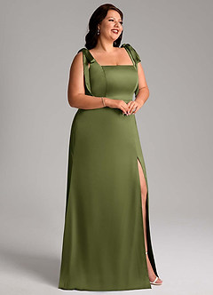Azazie Frostine Vestidos de damas de honor Vestido de Oliva de Satén Elástico de Corte en A con Lazo image9