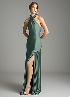 Azazie Nayeli Final Sale Sea Moss A-Line Pleated Stretch Satin Dress image4