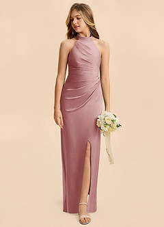 Azazie Jemma Junior Dusty Rose Sheath Ruched Stretch Satin Dress image3