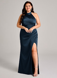 Azazie Jemma Vestidos de damas de honor Vestido Azul Marino Oscuro de Satén Elástico de Corte Recto con Plisado image3