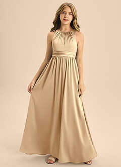 Azazie Jaylah Junior A-Linie Plissee Stretch-Satin Kleid Champagner image4