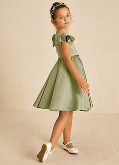 Azazie Sugar Plum Abiti da Ragazza di Fiori Abito A-Line in Raso Opaco Fiocco Verde Muschio image3
