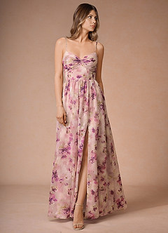Lumi Mauve Floral A-Line V-Neck Pleated Chiffon Dress image3