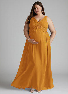 Azazie Yetta Maternity Bridesmaid Dresses A-Line V-Neck Gathered Chiffon Floor-Length Dress image7