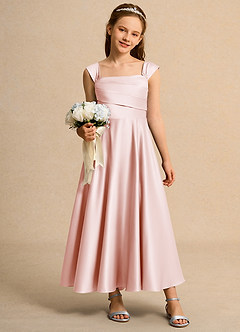 Azazie Bundle Girls Formal Flower Girl Dresses Blushing Pink A-Line Pleated Matte Satin Dress image3