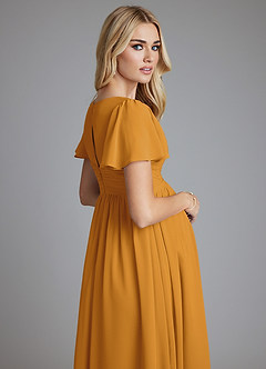 Azazie Verna vestidos de dama de honor de maternidad Vestido de Corte en A Cuello en V fruncido Hasta el suelo Gasa image7