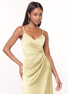 Azazie Maci Bridesmaid Dresses Lemon Sorbet A-Line V-Neck Pleated Stretch Satin Dress image5