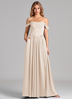 Azazie Raisa 신부 들러리 드레스 A라인 오프 더 숄더 스트레치 새틴 바닥 길이 드레스 image1