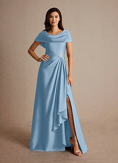 Azazie Branford Abiti per la Madre della Sposa Abito A-Line in Raso Elasticizzato Plissettato Azzurro Polvere image5