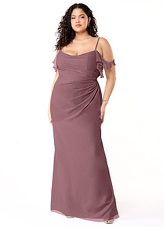 Azazie Emeralda At-home Try On Dresses Amethyst Sheath Off the Shoulder Chiffon Dress image7