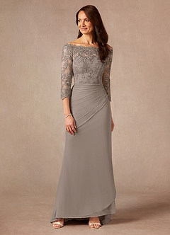 Azazie Rhonda Mother of the Bride Dresses Taupe Mermaid Off the Shoulder Mesh Dress image1