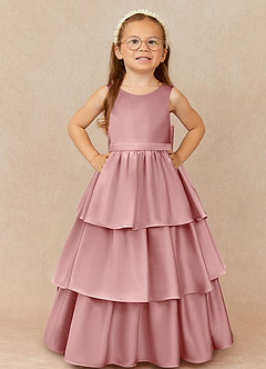 Azazie Margie Robe Demoiselle D'honneur Fillette Robe Trapèze en Satin extensible Arc Rose Poussiéreuse image2