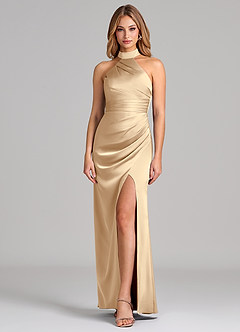 Azazie Karlotta Bridesmaid Dresses Champagne Sheath Pleated Stretch Satin Dress image1