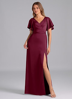Azazie Ambrosia Bridesmaid Dresses Mulberry A-Line Pleated Stretch Satin Dress image1