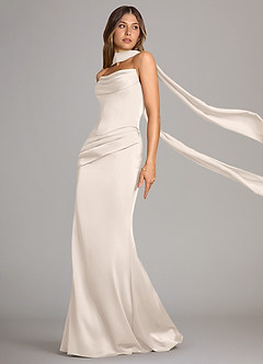 Azazie Sorrel Robes de demoiselle d'honneur Robe Sirène Convertible en Satin extensible Bustier Albâtre Blanc image4
