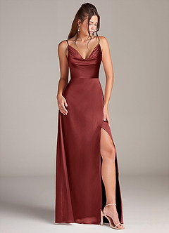 Azazie Sarella Robes de demoiselle d'honneur Robe Trapèze en Satin extensible Plissé Terracotta image3