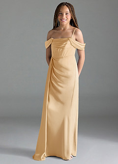 Azazie Amyra Junior Gold Sheath Off the Shoulder Stretch Satin Dress image4