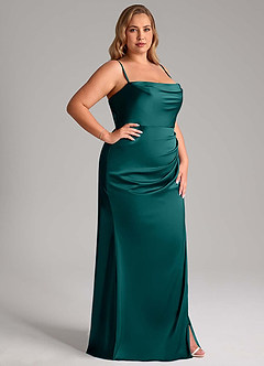 Azazie Leonis Vestidos de damas de honor Vestido de Pavo Real de Satén Elástico de Corte Sirena Convertible con Plisado image13