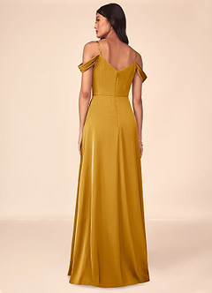 Azazie Ocean Bridesmaid Dresses Butterscotch A-Line V-Neck Pleated Stretch Satin Dress image2