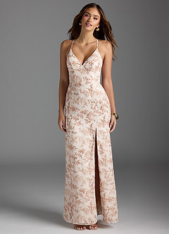 Azazie Becca Bridesmaid Dresses Pink Fern Floral Sheath V-Neck Chiffon Dress image1