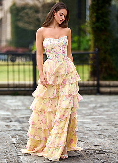 Papapym Yellow Printed Flowers Prom Dress image5
