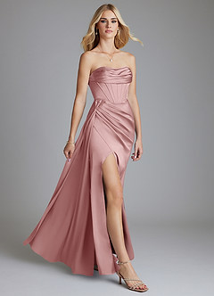 Azazie Amyra Vestidos de damas de honor Vestido de Rosa Polvorienta de Satén Elástico de Corte Sirena Convertible con Vestidos sin tirantes image10