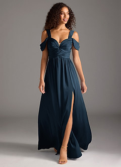Azazie Lianne Brautjungfernkleider A-Linie Schulterfrei Stretch-Satin Kleid Dunkelmarine image1