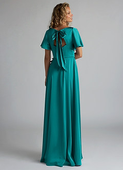 Azazie Kimber Bridesmaid Dresses Teal A-Line Ruched Stretch Satin Dress image2