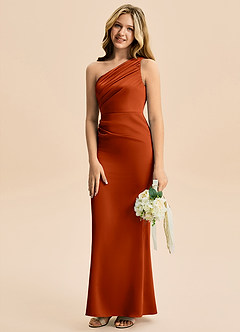 Azazie Akilah Junior Robe Fourreau en Satin extensible Plissée Paprika image5