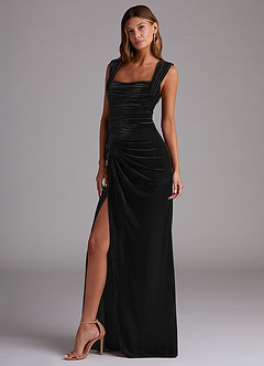 Azazie Genesis Bridesmaid Dresses Black Sheath Pleated Velvet Dress image4