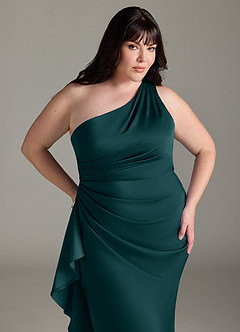Azazie Latrice Brautjungfernkleider Etui Kaskadierende Rüschen an einer Schulter Stretch-Satin Kleid Kiefer image10
