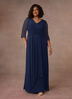 Azazie Annetta Mother of the Bride Dresses Dark Navy A-Line V-Neck Pleated Mesh Dress image8