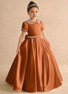 Azazie Gabriella Flower Girl Dresses Copper Ball-Gown with Sleeves Matte Satin Dress image5