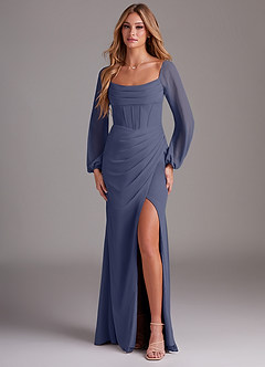 Azazie Charissa Bridesmaid Dresses Stormy Sheath Long Sleeve Chiffon Dress image1
