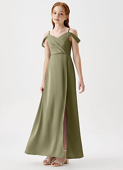 Azazie Ocean Junior Pistachio A-Line Off the Shoulder Stretch Satin Dress image5