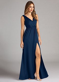 Azazie Tanicia Vestidos de damas de honor Vestido de Azul Marino Oscuro de Satén Elástico de Corte en A con Plisado image4