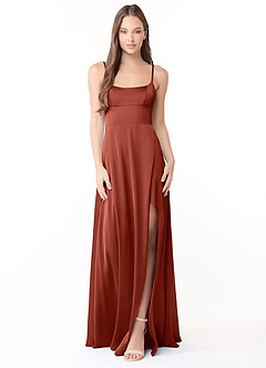 Azazie Halsey Bridesmaid Dresses Terracotta Sheath Side Slit Stretch Satin Dress image1